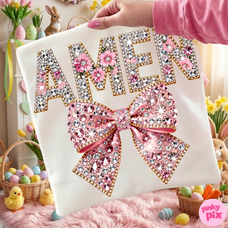 May include: White t-shirt featuring the word "AMEN" in sparkling rhinestones and pink floral details. A large pink rhinestone bow is positioned below the text. The shirt is held up by a person.