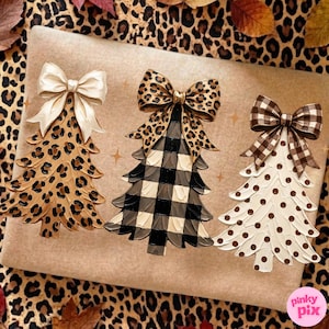 May include: Three decorative tree-shaped ornaments. The first is tan with a leopard print and a cream bow. The second is a black and white buffalo check tree with a leopard print bow. The third is white with brown polka dots and a brown plaid bow.
