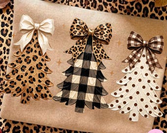Leopard Christmas Tree PNG: Checkered Polka Dot Bow Western Cowgirl Holiday Sublimation Design