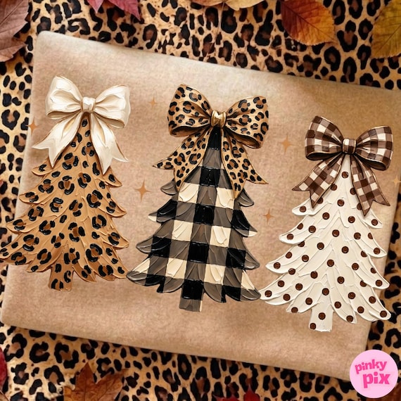 Leopard Christmas Tree PNG: Checkered Polka Dot Bow Western Cowgirl Holiday Sublimation Design