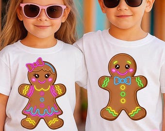 Gingerbread Christmas Kids PNG: Matching Neon Cookie Clipart, Boy Girl Xmas Sublimation