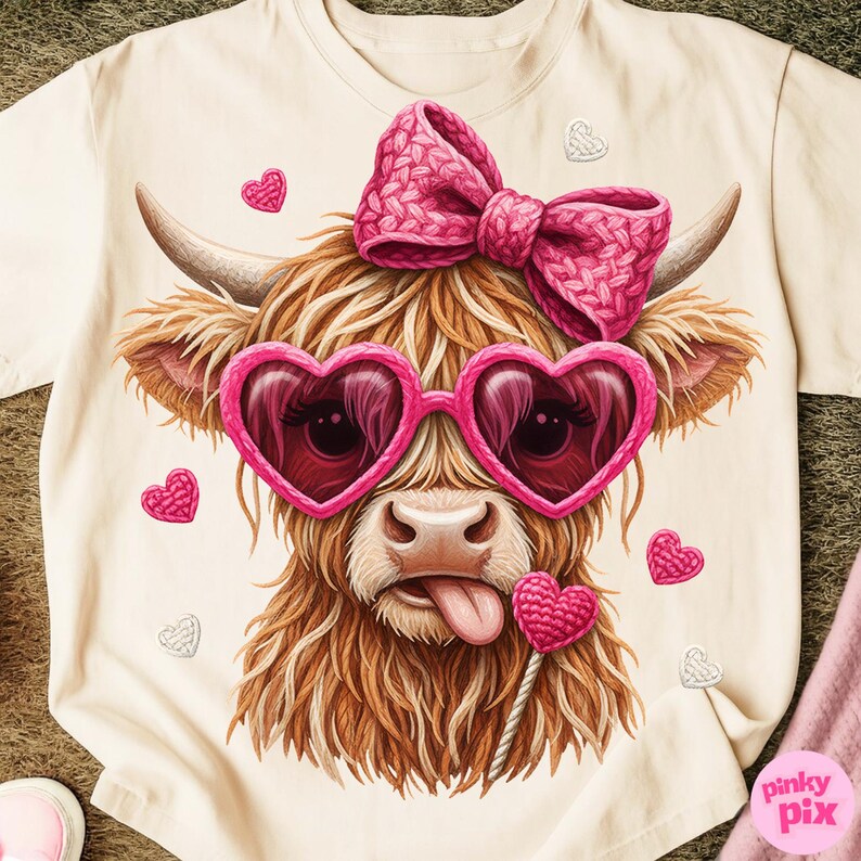 May include: Cream-colored t-shirt featuring a whimsical illustration of a Highland cow. The cow has pink heart-shaped sunglasses, a pink bow, and a heart-shaped lollipop. Scattered around are pink and white heart accents. The shirt has the text "pinky pix".