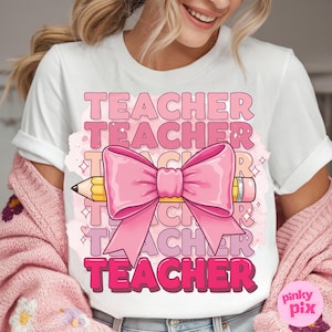 May include: White t-shirt with the word "TEACHER" repeated in pink and a pink bow with a yellow pencil going through it.