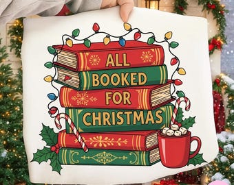 Retro allt bokat till jul png, kokett tjejig julbokälskare png, sublimering av mysig vinterläsningsbok, present till lärare png