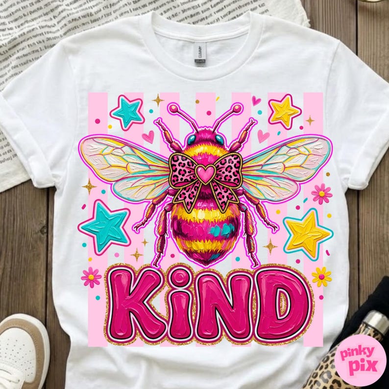 May include: White t-shirt featuring a colorful graphic of a bee with a pink bow and the word "KIND" in large pink letters. The bee has yellow and pink stripes, with blue and yellow stars surrounding it. The design is set against a pink striped background.