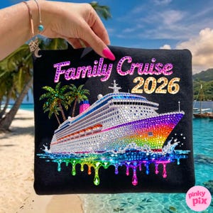 Op de afbeelding: Zwart T-shirt met een cruiseschipontwerp. Het schip is versierd met strass-steentjes en heeft een regenboogkleurige voorkant. De tekst "Family Cruise 2026" staat boven het schip, met palmbomen aan de linkerkant.