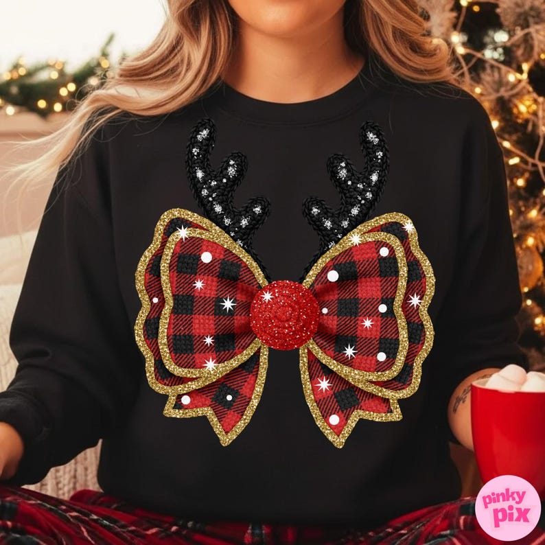 Fuskgarn Buffalo Rutig Rosett PNG: Glitter Antler Jul Sublimeringsdesign bild 6