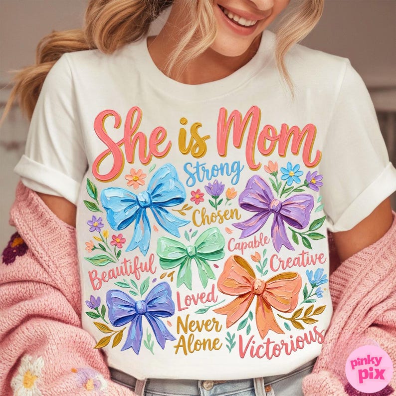 K&ouml;nnte beinhalten: Wei&szlig;es T-Shirt mit dem Text "She is Mom" in rosa und gelber Schrift. Das Shirt zeigt bunte Schleifen und florale Akzente mit W&ouml;rtern wie "Strong", "Beautiful" und "Victorious".