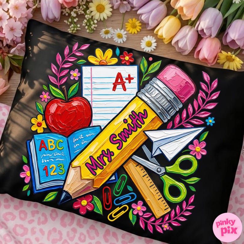 Pu&ograve; includere: Cuscino nero con un design colorato a tema scolastico. Presenta una grande matita gialla con il testo "Mrs. Smith", una mela rossa, un libro aperto e un aeroplanino di carta. Include un righello, forbici e graffette.