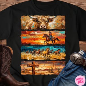May include: Black t-shirt featuring a four-panel design with a Western theme. The panels depict a longhorn, a rider on horseback, a herd of horses, and a cross in a desert landscape. The artwork has a textured, painted appearance.