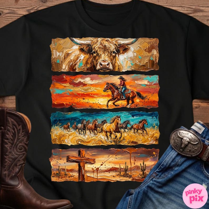 May include: Black t-shirt featuring a four-panel design with a Western theme. The panels depict a longhorn, a rider on horseback, a herd of horses, and a cross in a desert landscape. The artwork has a textured, painted appearance.