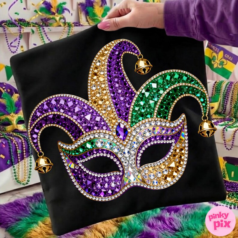 May include: Black pillow featuring a jeweled Mardi Gras mask design. The mask is adorned with purple, green, gold, and clear crystals, and includes small gold bells. The pillow is held by a person.
