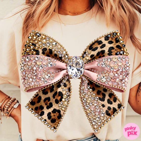 Leopard Rhinestone Bow PNG: Glam Coquette Bling Sparkle Mosaic Ribbon Sublimation Design, Digital Download