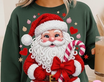 Faux Yarn Santa Christmas PNG: Crochet Coquette Candy Cane Bow Sublimation Design
