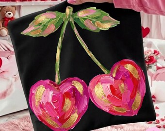 Valentine Cherry Png, Coquette Pink Brushstroke Gold Glitter Heart Love Sublimation Design