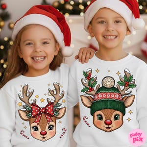 May include: Two children wearing white Christmas sweaters and red Santa hats. The sweaters feature reindeer designs with antlers, holly, and candy canes. One reindeer has a red bow, and the other wears a green hat.