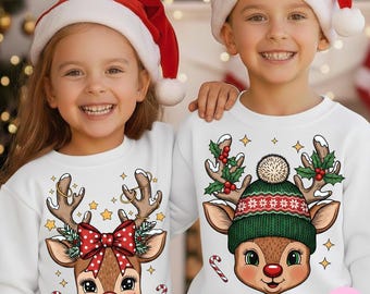 Kids Reindeer Christmas PNG: Matching Boy and Girl Holiday Deer Sublimation Design