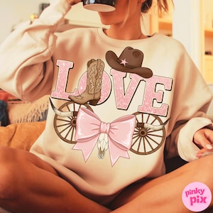 Western Love PNG, Cowgirl Hat Boot Bow Clipart, Pink Country Sublimation Design