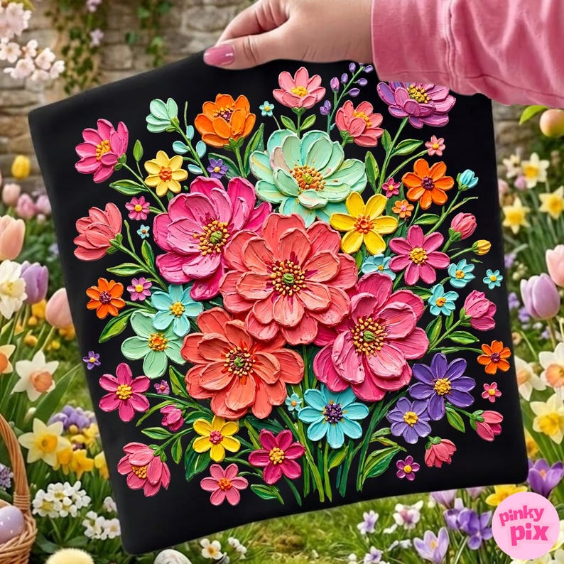 May include: A black square canvas featuring a vibrant, textured floral design. The flowers are in shades of pink, orange, yellow, blue, and purple, with green leaves. The artwork is held by a person with a pink sleeve.