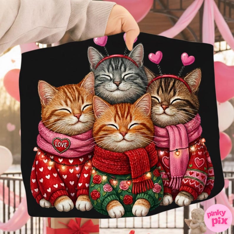 May include: A black tote bag featuring a group of four smiling cats. The cats are wearing sweaters and scarves, with heart-shaped headbands. The sweaters are red and green, and the scarves are pink and red. The word "Love" is on one scarf.