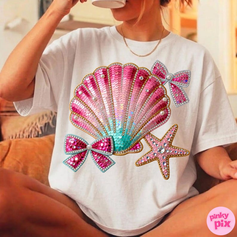 Summer Seashell Starfish PNG: Coquette Coastal Beach Sequin Rhinestone Bow Shirt Design image 9