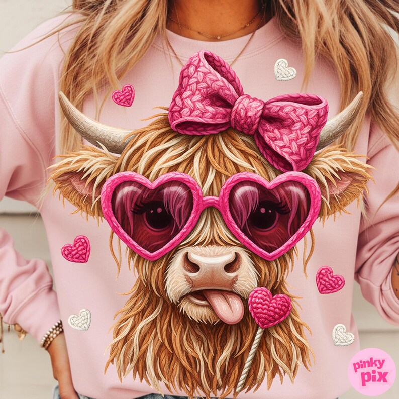 May include: Pink sweatshirt featuring a cartoon Highland cow with heart-shaped sunglasses, a pink bow, and a lollipop. The cow has long, shaggy brown fur and its tongue is sticking out. Scattered around the cow are pink and white heart-shaped embellishments. The text "pinky pix" is in the bottom right corner.