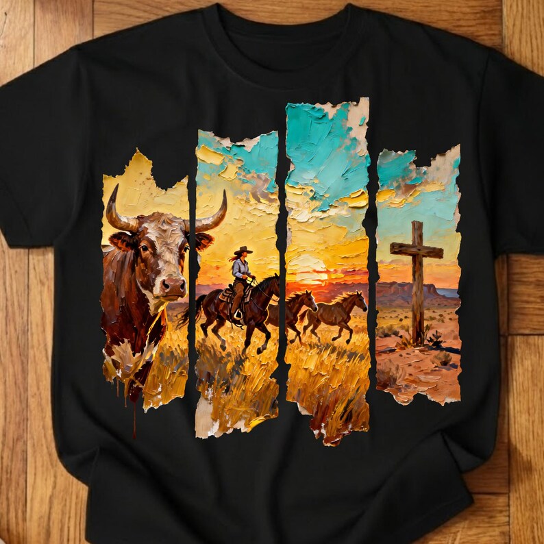 May include: Black t-shirt featuring a Western-themed graphic. The design includes a bull, a cowboy on horseback, and a cross, set against a sunset backdrop. The artwork has a textured, painted appearance.