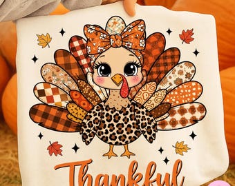 Thankful Turkey PNG: Fall Leopard Patchwork Thanksgiving Sublimation Design