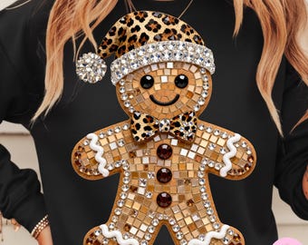 Leopard Gingerbread PNG: Rhinestone Sparkly Mosaic Christmas Cookie DTF Design for Shirts & Sublimation