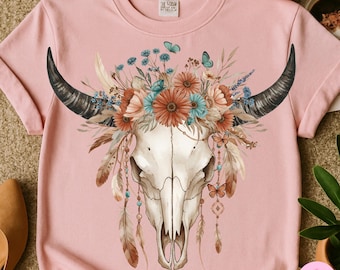 Boho Bull Skull Png, Western Floral Skull Png, Rustykalna krowia czaszka z sublimacją kwiatów, Boho Desert Aesthetic Digital Design