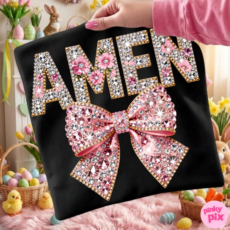 Amen Easter Png: Faux Rhinestone Floral Preppy Christian Faith Sublimation Design, Trending Digital Download image 1