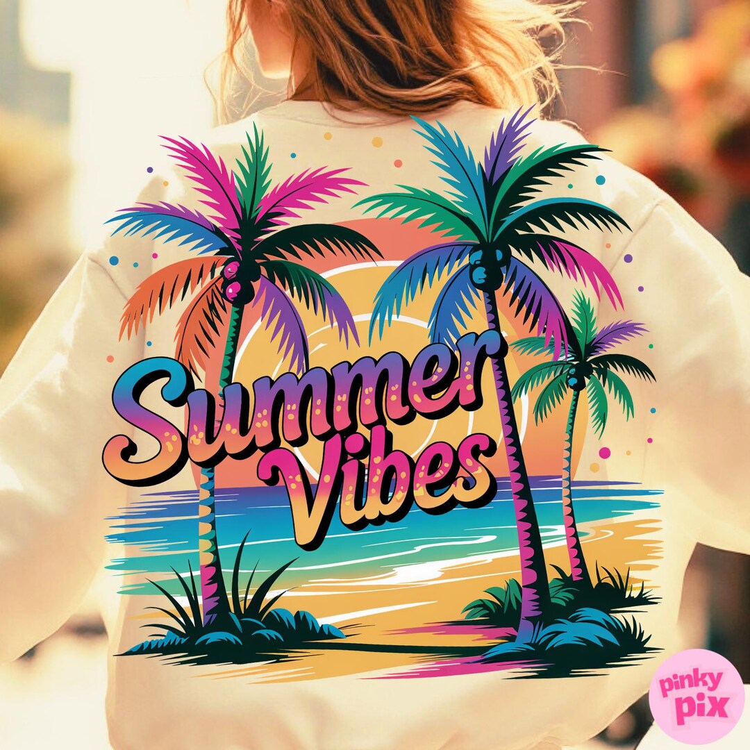 Summer Vibes PNG – Neon Retro Palm Tree Beach Clipart, Vibrant Tropical ...