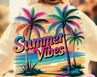 Summer Vibes PNG - Clipart néon rétro de plage de palmiers, conception de sublimation de coucher de soleil tropical vibrant pour des chemises d'été