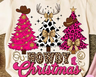 Howdy Christmas Png, Cowgirl Western Christmas Trees Png, Pink Leopard Coquette Xmas Bow Png, Cute Country Shirt Design, Holiday Sublimation