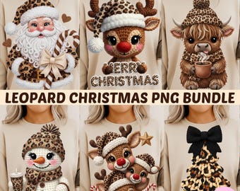 Faux Yarn Leopard Christmas Png Bundle: Crochet Santa, Reindeer, Snowman, Cow and Holiday Tree Sublimation Design