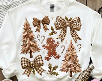 Leopard Christmas PNG: Checkered Polka Dot Gingerbread Trees Candy Cane Holiday Coquette Bow Design