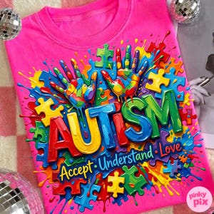 Autismebewustzijn, png: accepteren, begrijpen, liefde, kleurrijke puzzel, verfspatten, grafisch, sublimatieontwerp afbeelding 3