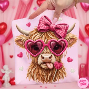 Faux Yarn Valentines Day Highland Cow PNG: Pink Coquette Bow Heart Love Sublimation Design image 2