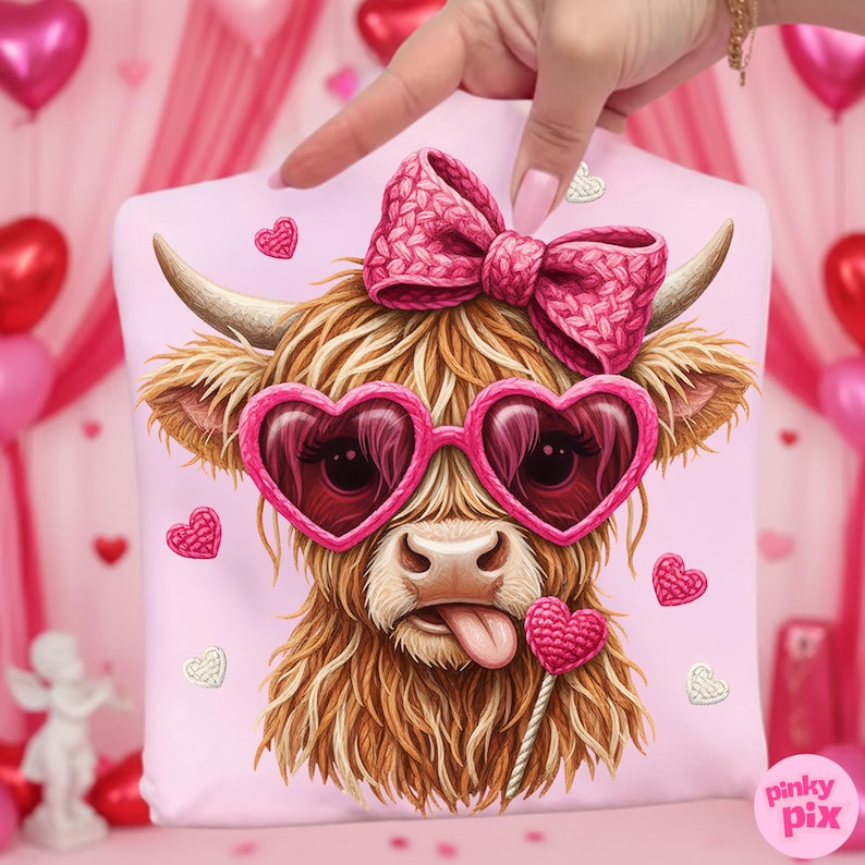 Faux Yarn Valentines Day Highland Cow PNG: Pink Coquette Bow Heart Love Sublimation Design image 2
