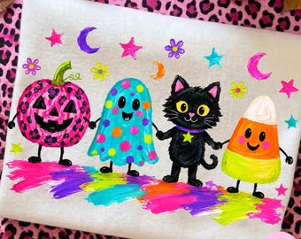 Colorful Halloween Characters PNG: Leopard Pumpkin Ghost Black Cat Candy Corn Design, Digital Download