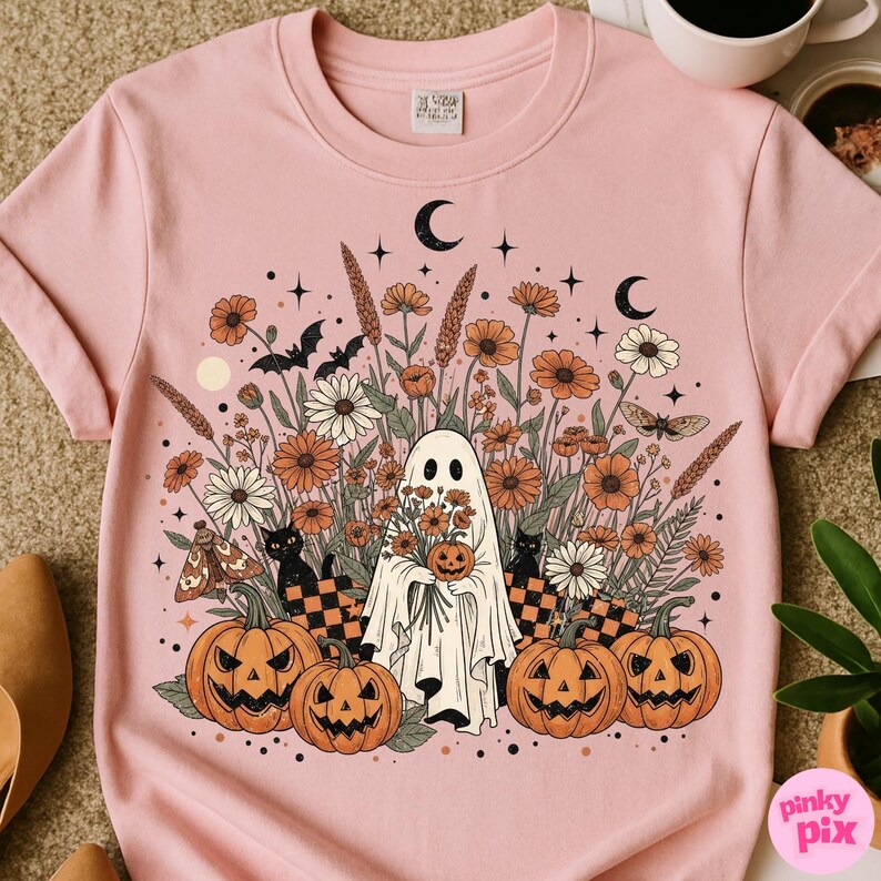 May include: Pale pink t-shirt with a Halloween-themed illustration. The design features a ghost with a pumpkin, flowers, pumpkins, bats, and cats. The colour palette includes orange, black, and white.