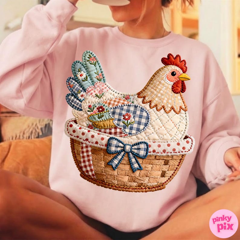 May include: A pale pink sweatshirt with a quilted chicken design in a basket. The chicken has a red comb and yellow beak. The basket has a blue bow. The chicken's feathers are a patchwork of floral and gingham patterns.