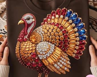Faux Rhinestone Turkey PNG: Gold Red Blue Jeweled Thanksgiving Sublimation Design