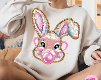 Cute Easter Bunny PNG, Kawaii Bunny with Glasses Clipart, Bubble Gum Bunny Sublimation, Pastel Bunny Girl Design, Pink Heart Glasses Bunny