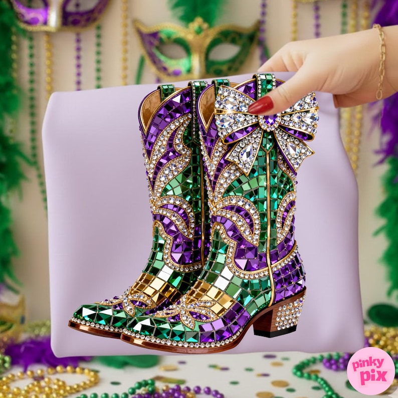 May include: A pair of embellished cowboy boots in a vibrant mosaic pattern of green, purple, and gold. The boots feature a large crystal bow and are adorned with sparkling rhinestones. The heels are approximately 2 inches high.