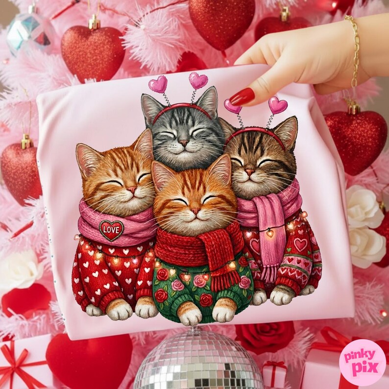 May include: A pink pillowcase featuring a group of four smiling cats. The cats wear sweaters, scarves, and heart-shaped headbands. The sweaters are red and green with heart and rose patterns. The pillowcase is held up by a hand.