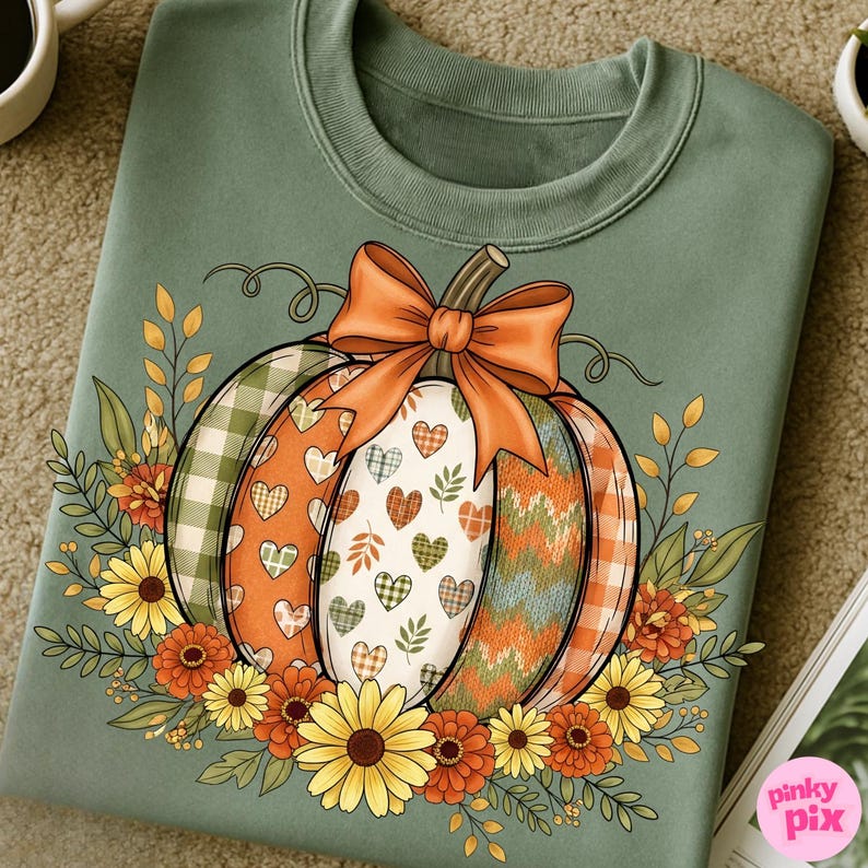 May include: Sage green sweatshirt featuring a colorful pumpkin design. The pumpkin is decorated with plaid, hearts, and knit patterns, topped with an orange bow. Sunflowers and fall foliage surround the pumpkin, creating a seasonal theme.