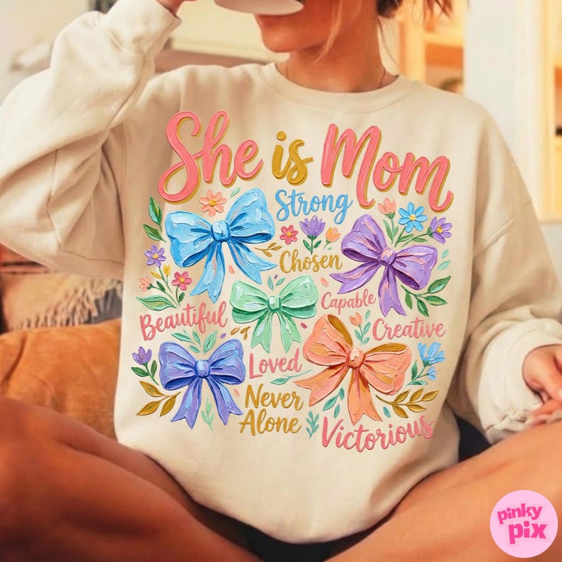 K&ouml;nnte beinhalten: Beiges Sweatshirt mit dem Text "She is Mom" in rosa Schrift. Das Design umfasst bunte Schleifen, Blumen und W&ouml;rter wie "Strong", "Beautiful" und "Victorious".