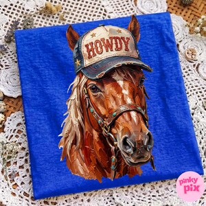 May include: A detailed painting of a brown horse wearing a distressed baseball cap with the word "HOWDY" in red. The horse has a bridle with turquoise accents. The image is set against a vibrant blue background.