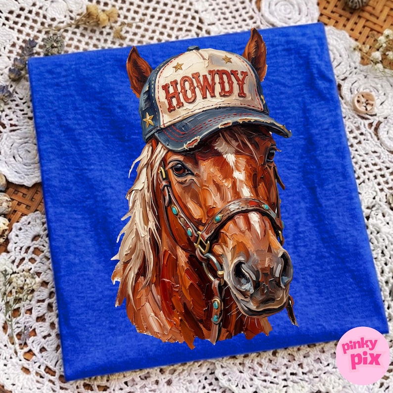 May include: A detailed painting of a brown horse wearing a distressed baseball cap with the word "HOWDY" in red. The horse has a bridle with turquoise accents. The image is set against a vibrant blue background.